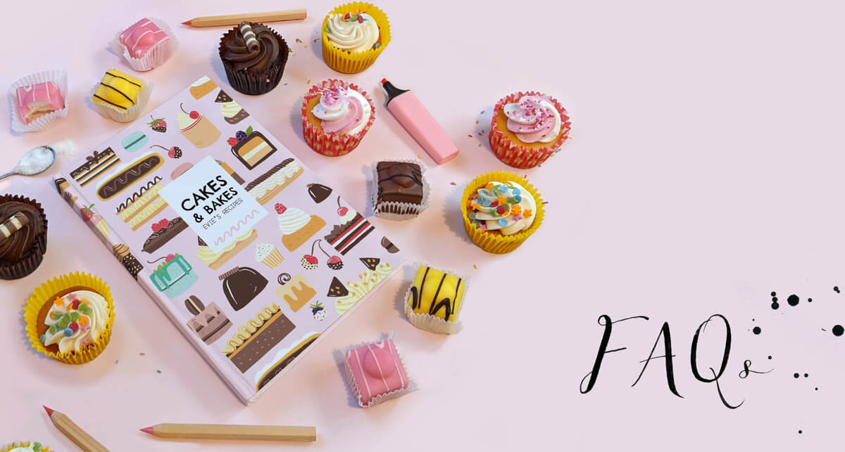 FAQs page banner. Pink, hardbound Patisserie Notebook on a pink background surrounded by cupcakes.